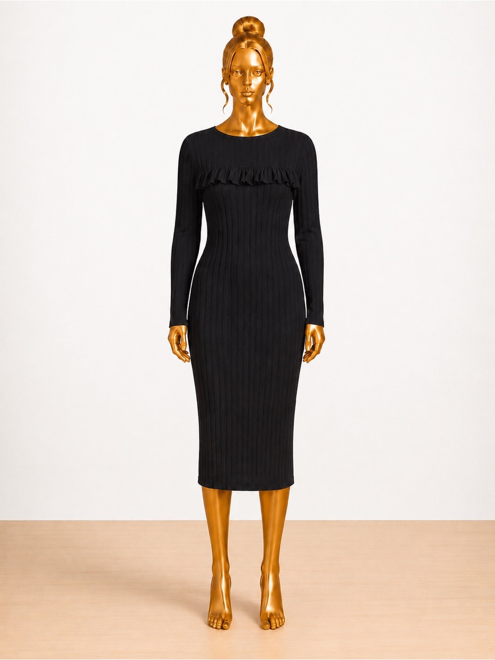 Boohoo Black Ribbed Ruffle Long Sleeve Bodycon Midi Dress Size 12